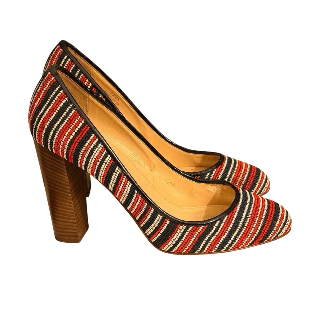 J.Crew Pumps‎ 10 Knit Fabric Block Heel Red White Blue B9588 Italy Shoes Summer